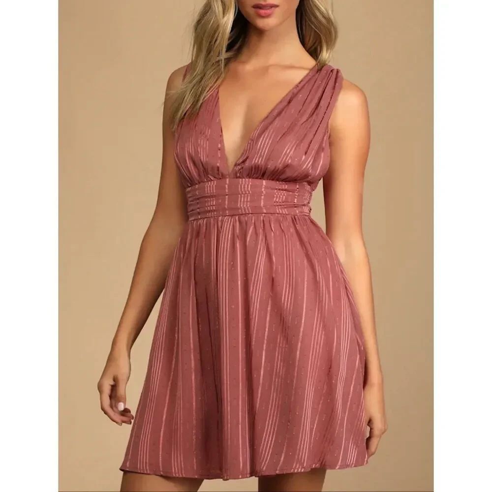 Lulus Dusty Rose Swiss Dot Mini Dress Womens Medium Sleeveless V Neck NWT
